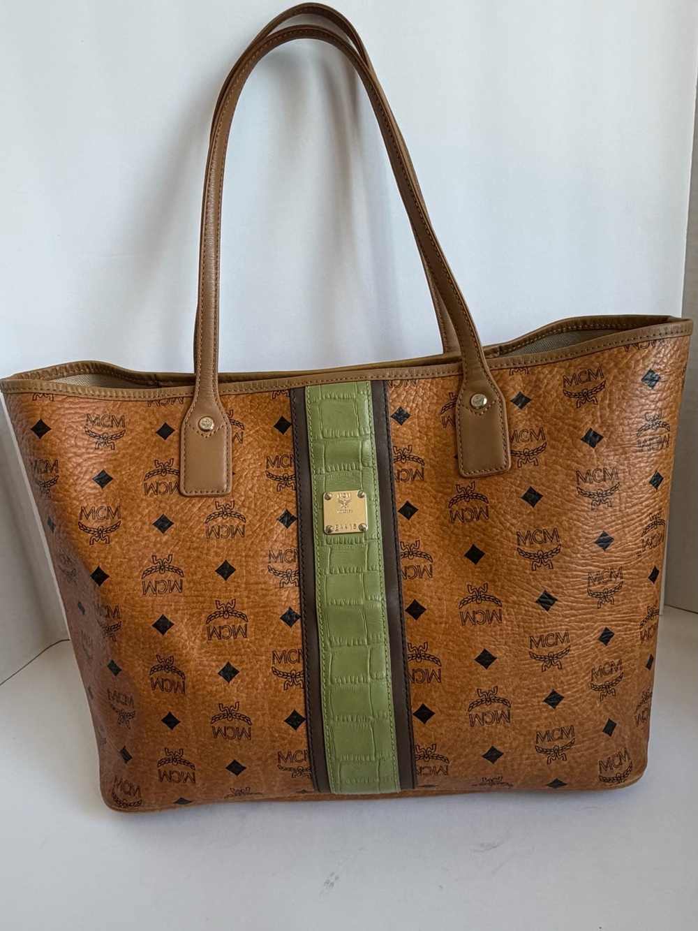 MCM Visetos Cognac and Olive Green Tote Bag